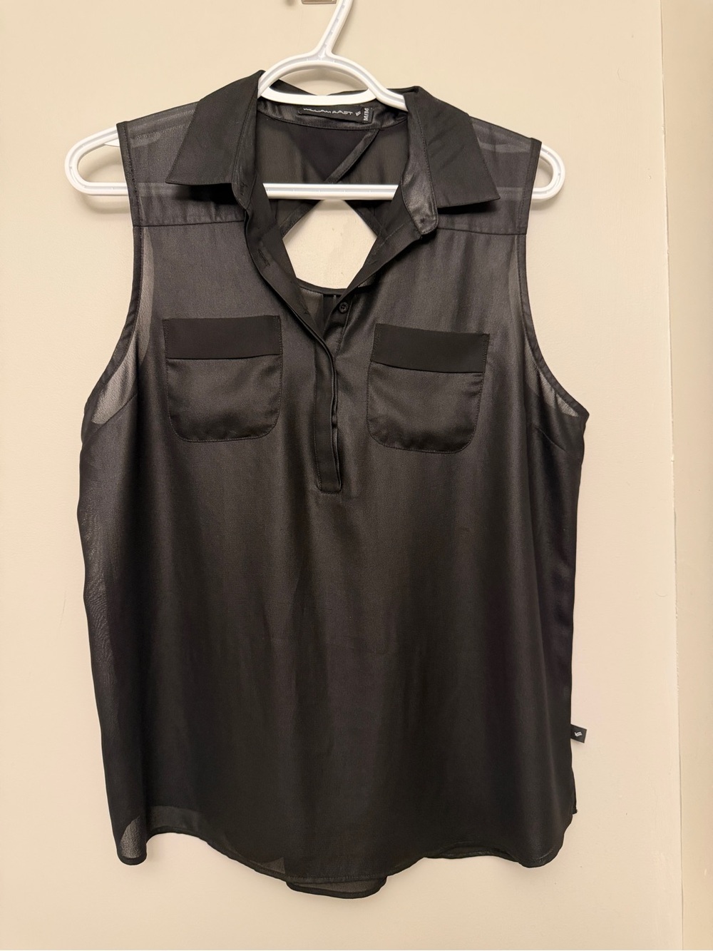 William Rast Black Sheer Sleeveless Collared Top